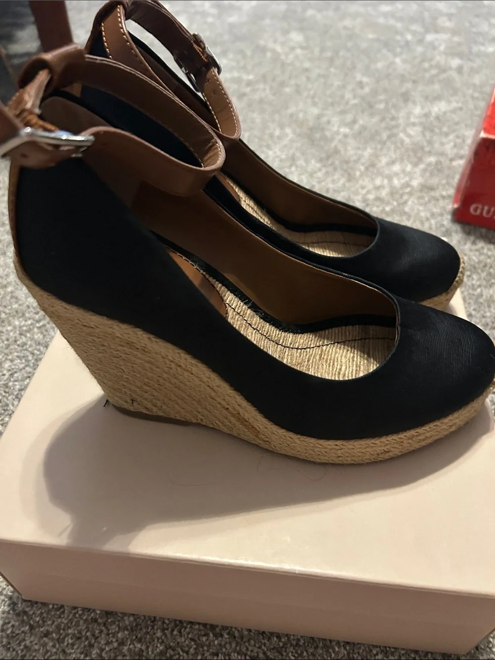 BCBGeneration Women's Black Espadrille Wedge with Brown Ankle Strap